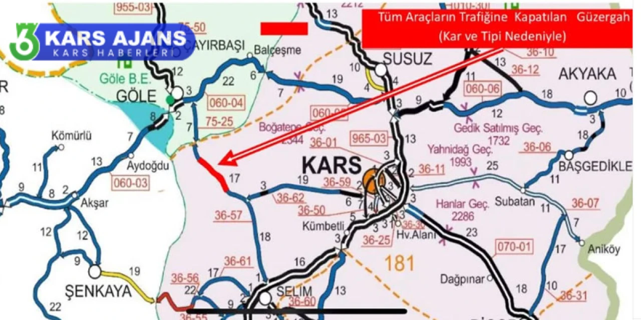 Selim-Göle karayolu, yoğun kar yağışı ve tipi nedeniyle ulaşıma kapandı.