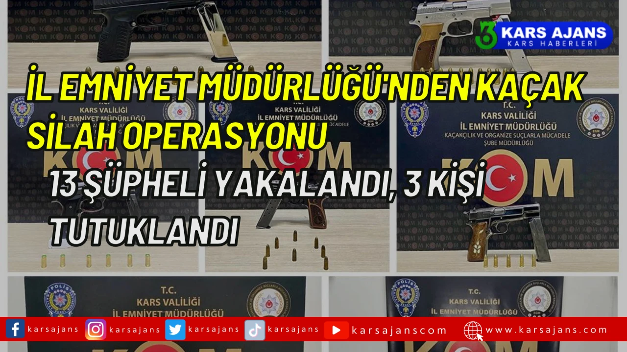 İl Emniyet Müdürlüğü'nden Kaçak Silah Operasyonu: 13 Şüpheli Yakalandı, 3 Kişi Tutuklandı